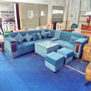 Premium L-Shape Corner Sofa Set | 7 Seater | Velvet Fabric | Glass Top Coffee Table + 2 Puffy Stools | Teal Blue