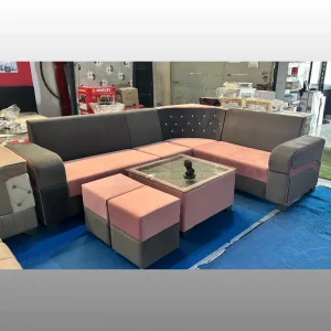 L-Shaped Corner Sofa Set with Glass Coffee Table & Ottoman Stools – 7 Seater | Grey & Pink Fabric