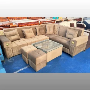 Premium Beige Velvet L-Shape Corner Sofa Set with Glass Coffee Table & Ottoman | 7 Seater