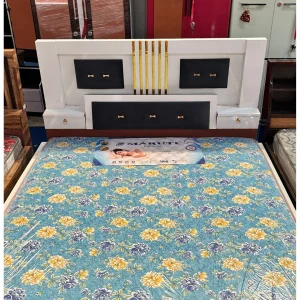 Designer Double Bed with Built-in Side Tables | Gold Accent Fluting