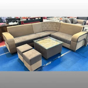 Contemporary Dual-Tone Brown L-Shape Sofa Set with Diamond Backrest & 2 Ottomans | 7 Seater