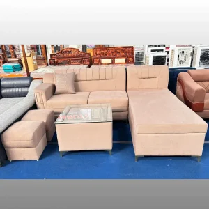 Minimalist Peach Velvet L-Shape Sofa Set with Chaise Lounge, Glass Table & Ottoman | 7 Seater