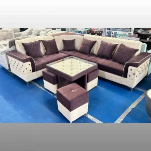 Designer Purple & White U-Shape Sofa Set with Diamond Quilting, Glass Table & 3 Ottomans | 9 Seater