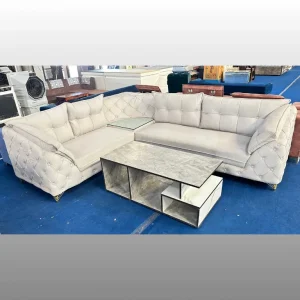 Elegant Cream Chesterfield Button-Tufted L-Shape Sofa Set with Marble Center Table | 6 Seater