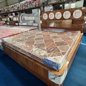 Modern Wooden Bed with Circular Pattern Headboard