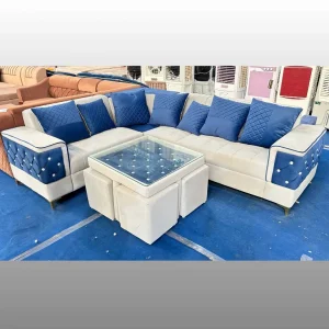 Royal White & Blue Velvet L-Shape Sofa Set with Tufted Arms, Glass Table & 2 Ottomans | 7 Seater