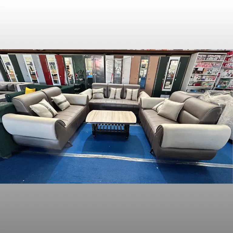 Classic Grey & Cream 3+2+2 Sofa Set with Wooden Center Table | 7 Seater - Image 2