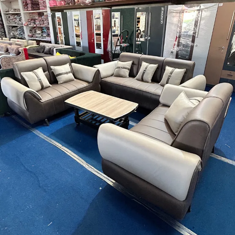 Classic Grey & Cream 3+2+2 Sofa Set with Wooden Center Table | 7 Seater