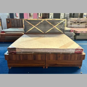 Elegant Wood Finish Bed with Gold Geometric Headboard