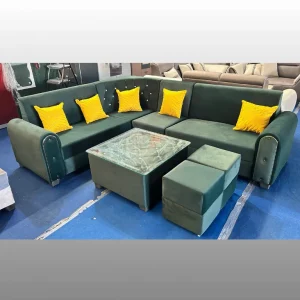 Bold Dark Green Velvet L-Shape Sofa Set with Yellow Cushions, Glass Table & Ottoman | 7 Seater