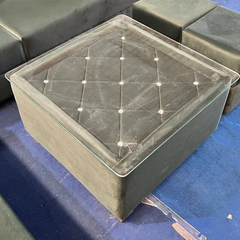 Bold Dark Green Velvet L-Shape Sofa Set with Yellow Cushions, Glass Table & Ottoman | 7 Seater - Image 2