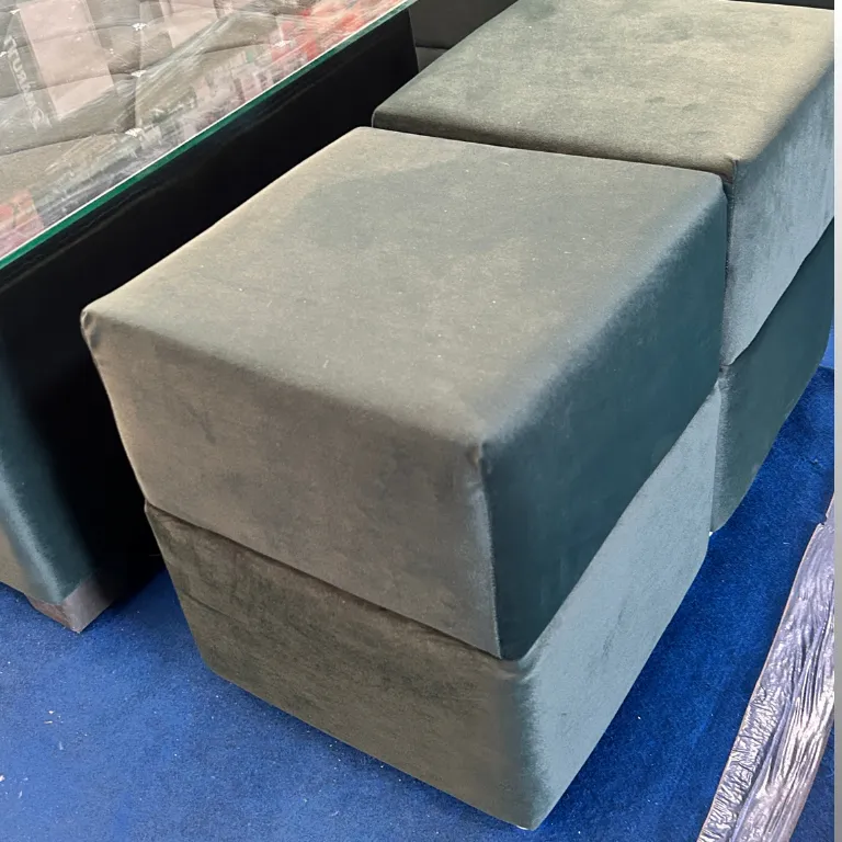 Bold Dark Green Velvet L-Shape Sofa Set with Yellow Cushions, Glass Table & Ottoman | 7 Seater - Image 3