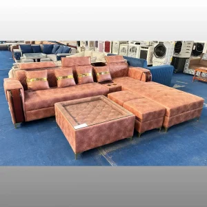 Luxury Rust Velvet L-Shape Sofa Set with Recliner Headrests, Chaise & Glass Table | 7 Seater