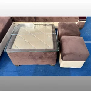 Modern Brown & Cream Two-Tone U-Shape Sofa Set with Glass Table & 2 Ottomans | 7 Seater