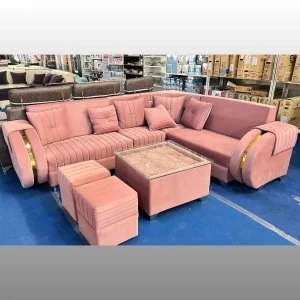 Elegant Pink Velvet L-Shape Corner Sofa Set with Coffee Table & Ottoman | 7 Seater